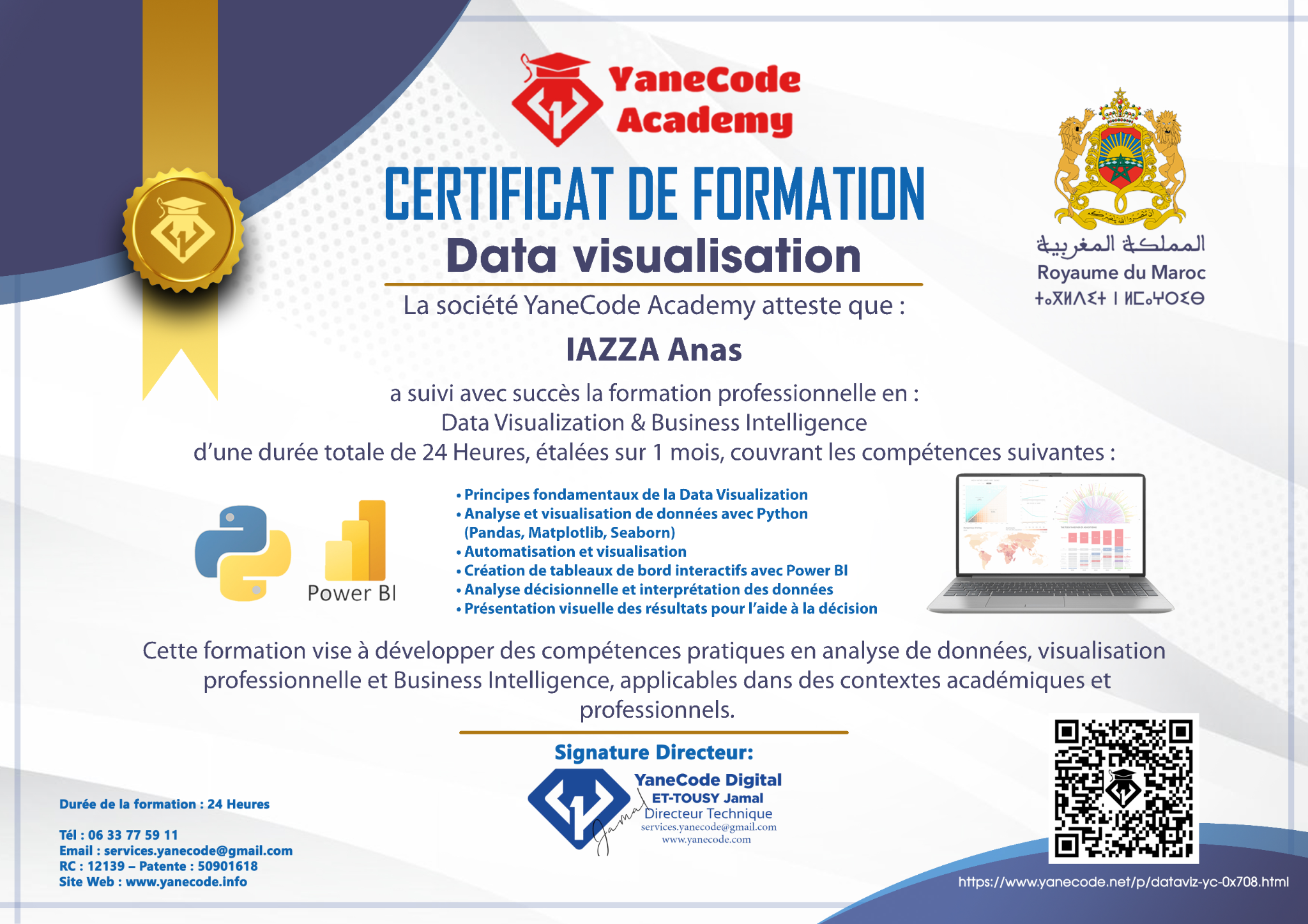 Certificat Data Visualisation et Business Intelligence YaneCode Academy